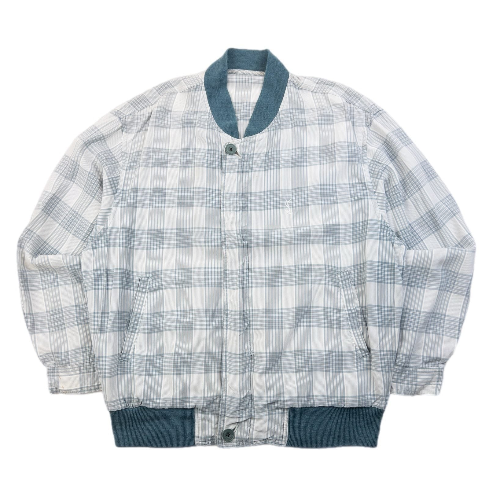 YVES SAINT LAURENT blue and white checkered bomber jacket embroidered logo on chest, ribbed details.