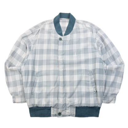 YVES SAINT LAURENT blue and white checkered bomber jacket embroidered logo on chest, ribbed details.