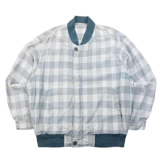 YVES SAINT LAURENT blue and white checkered bomber jacket embroidered logo on chest, ribbed details.