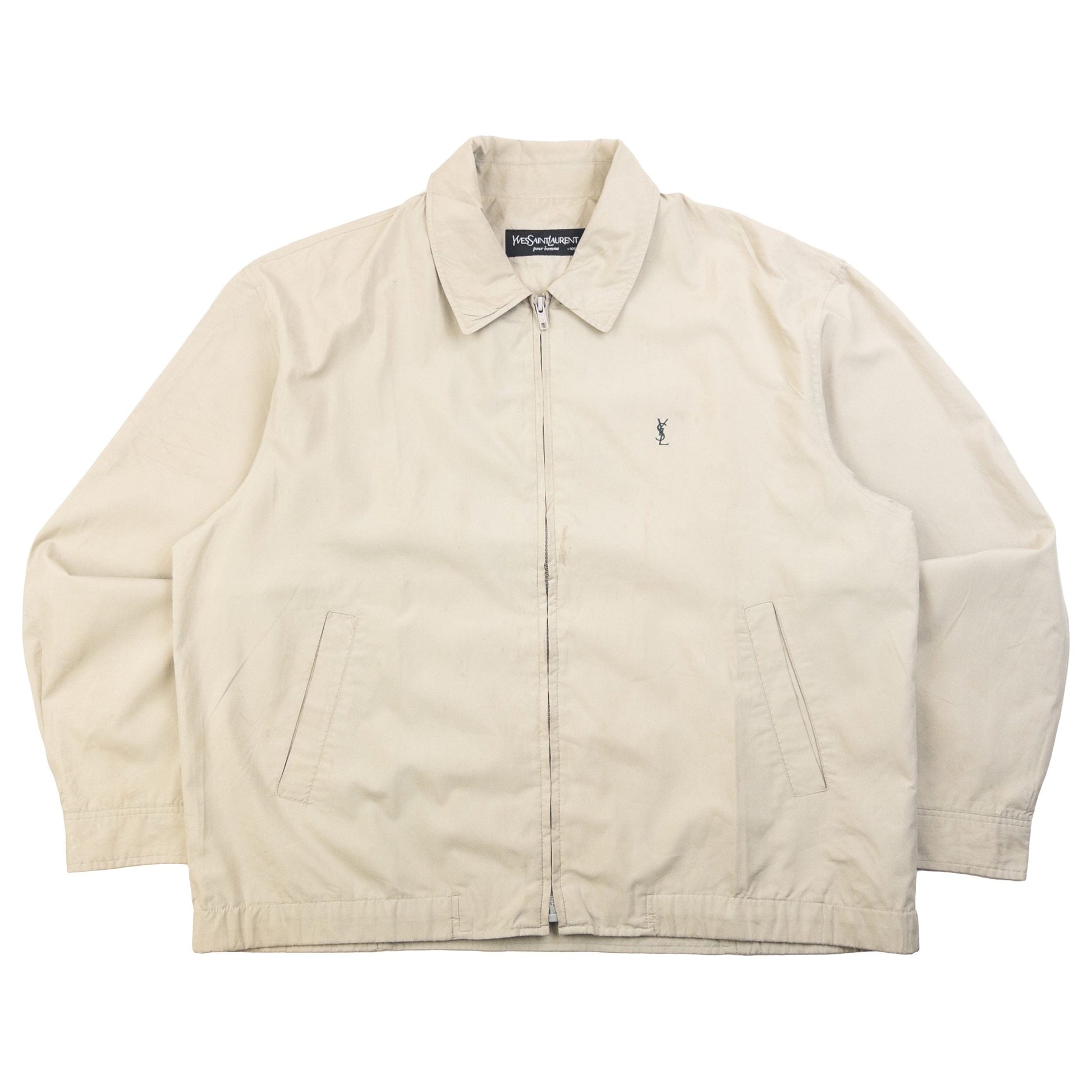 YVES SAINT LAURENT beige and grey Harrington jacket embroidered logo on chest, zip front closure.
