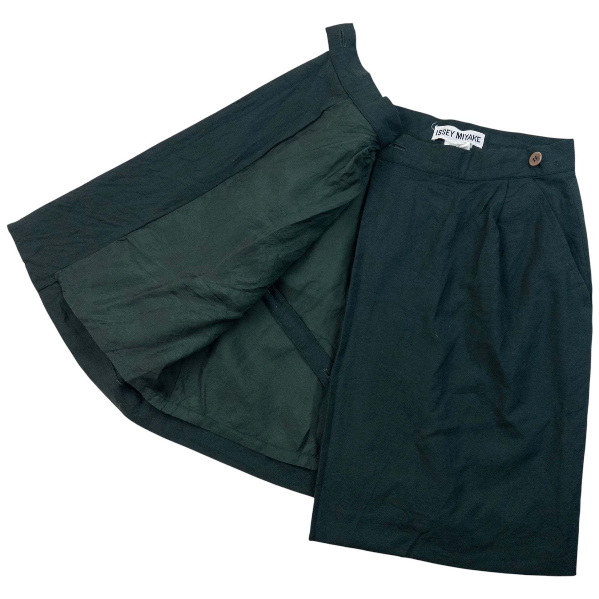 ISSEY MIYAKE vintage wrap skirt dark green wool fabric with button fastener at waistband