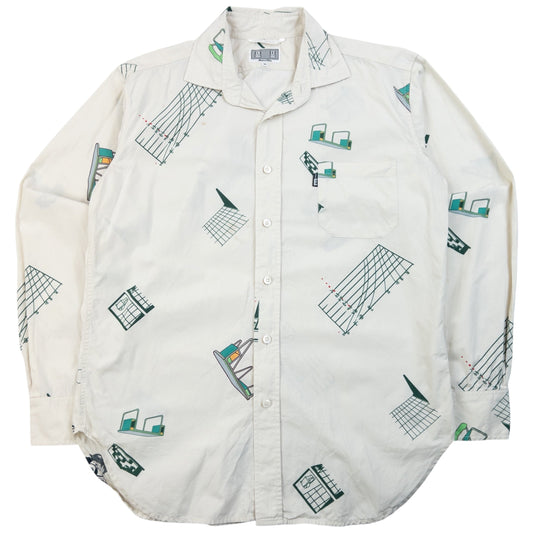 Cav Empt blue and white button-up shirt with abstract geometric print and single chest pocket.