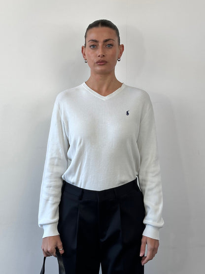 Ralph Lauren Pure Cotton Logo V Neck Jumper - M