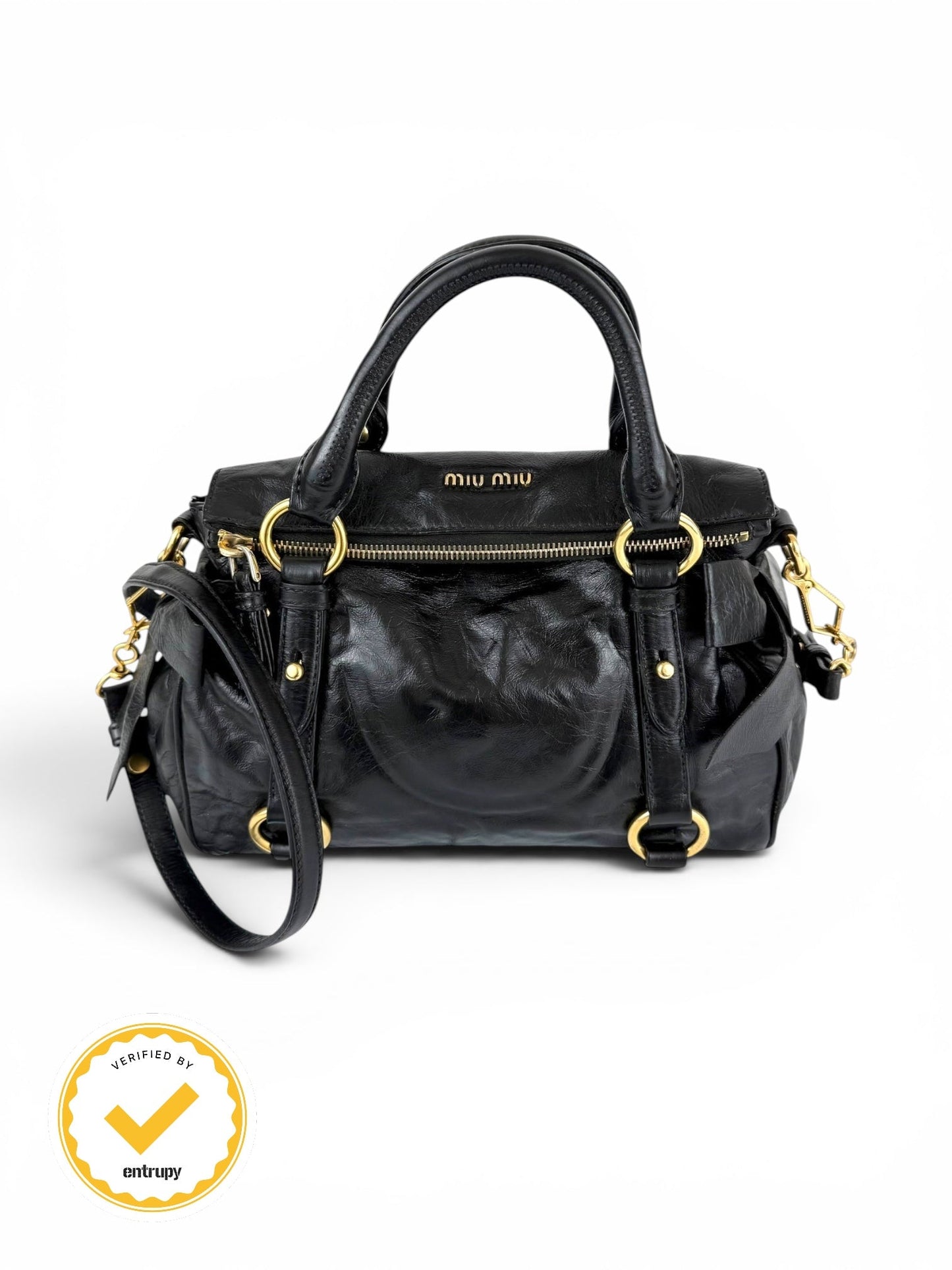 2012 Miu Miu Vitello Shine Leather 2way Bow Black Handbag | O/S, Black