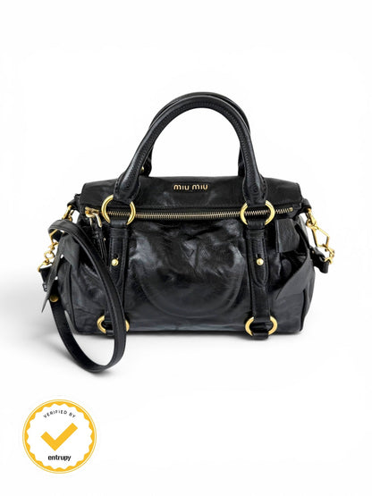 2012 Miu Miu Vitello Shine Leather 2way Bow Black Handbag | O/S, Black