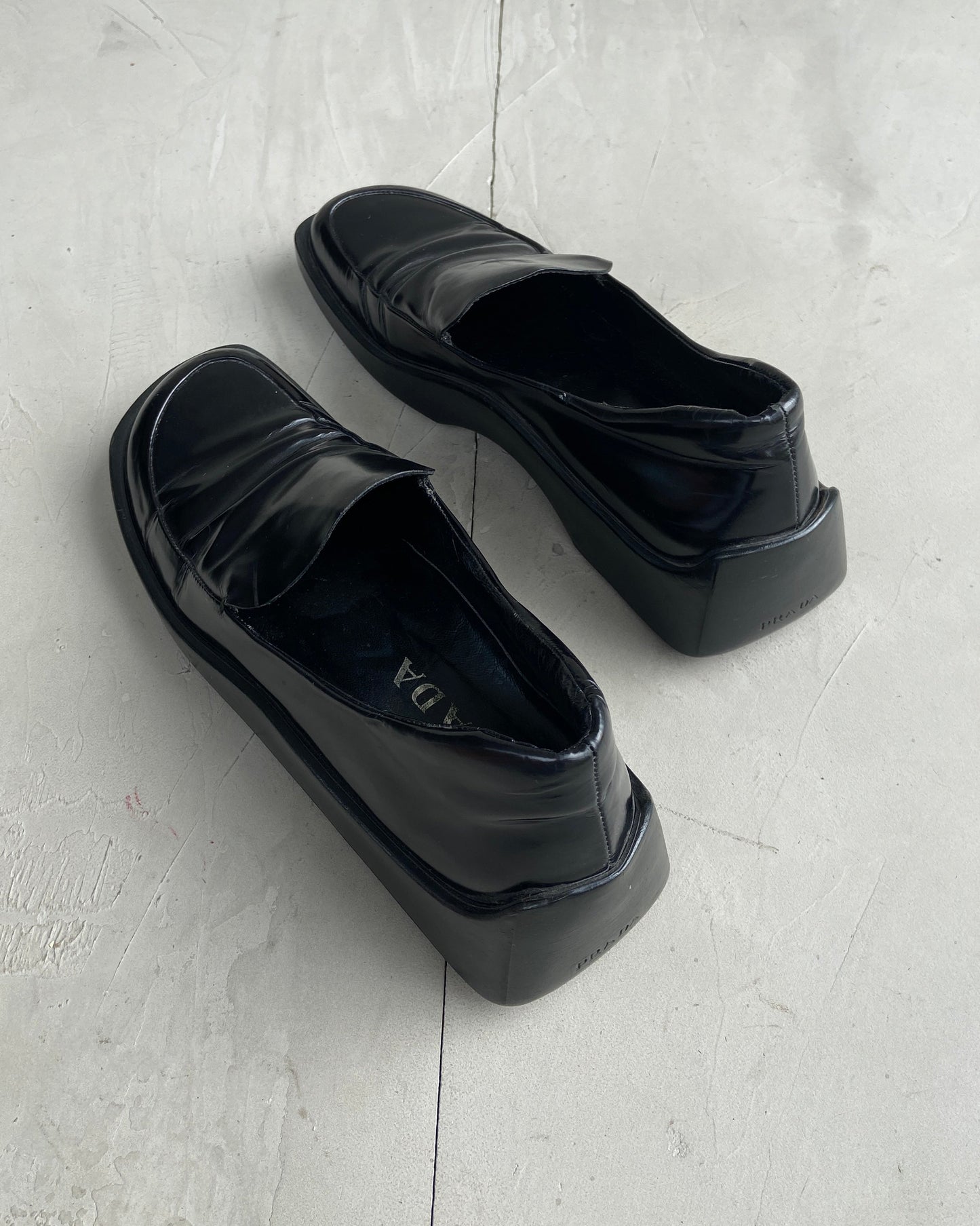 PRADA SS99 BLACK LEATHER SQUARE TOE LOAFERS - EU 37.5 / UK 4.5