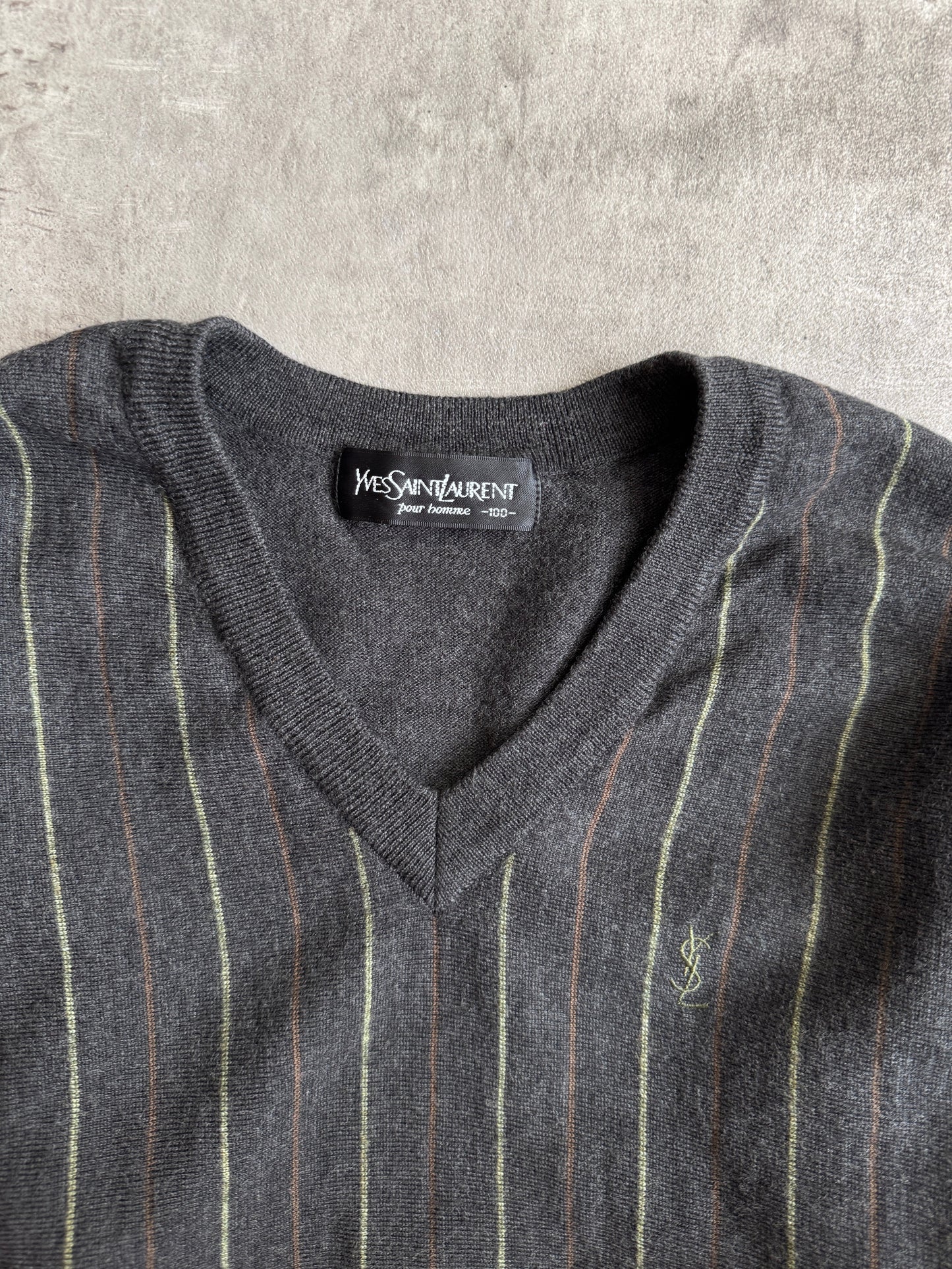 YSL Grey Stripe V Neck Sweater