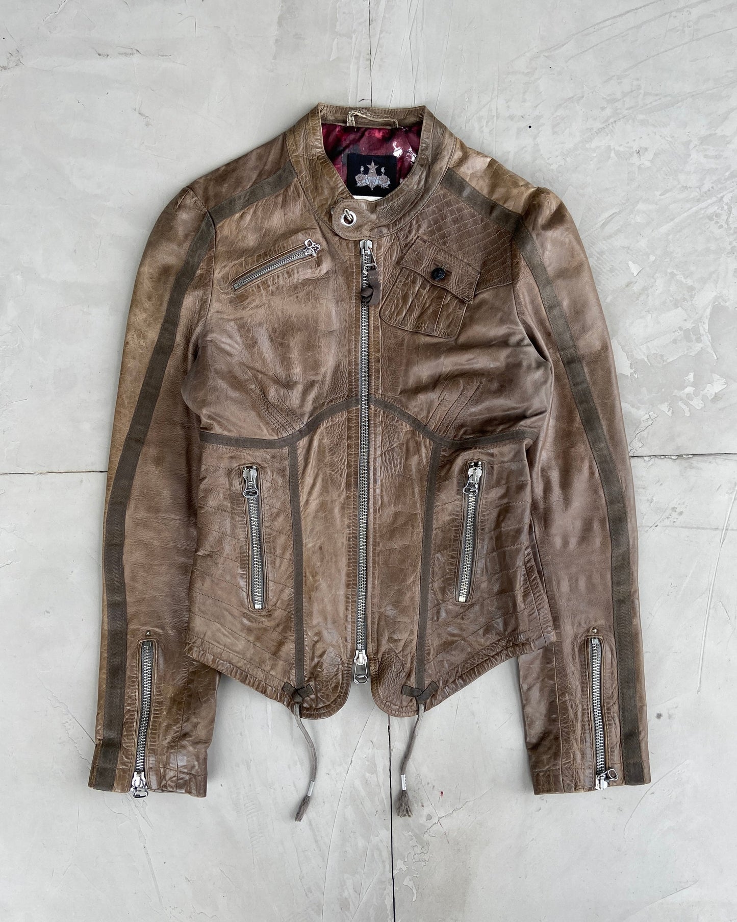 DIESEL CORSET MOTO LEATHER JACKET - L | Large, Brown