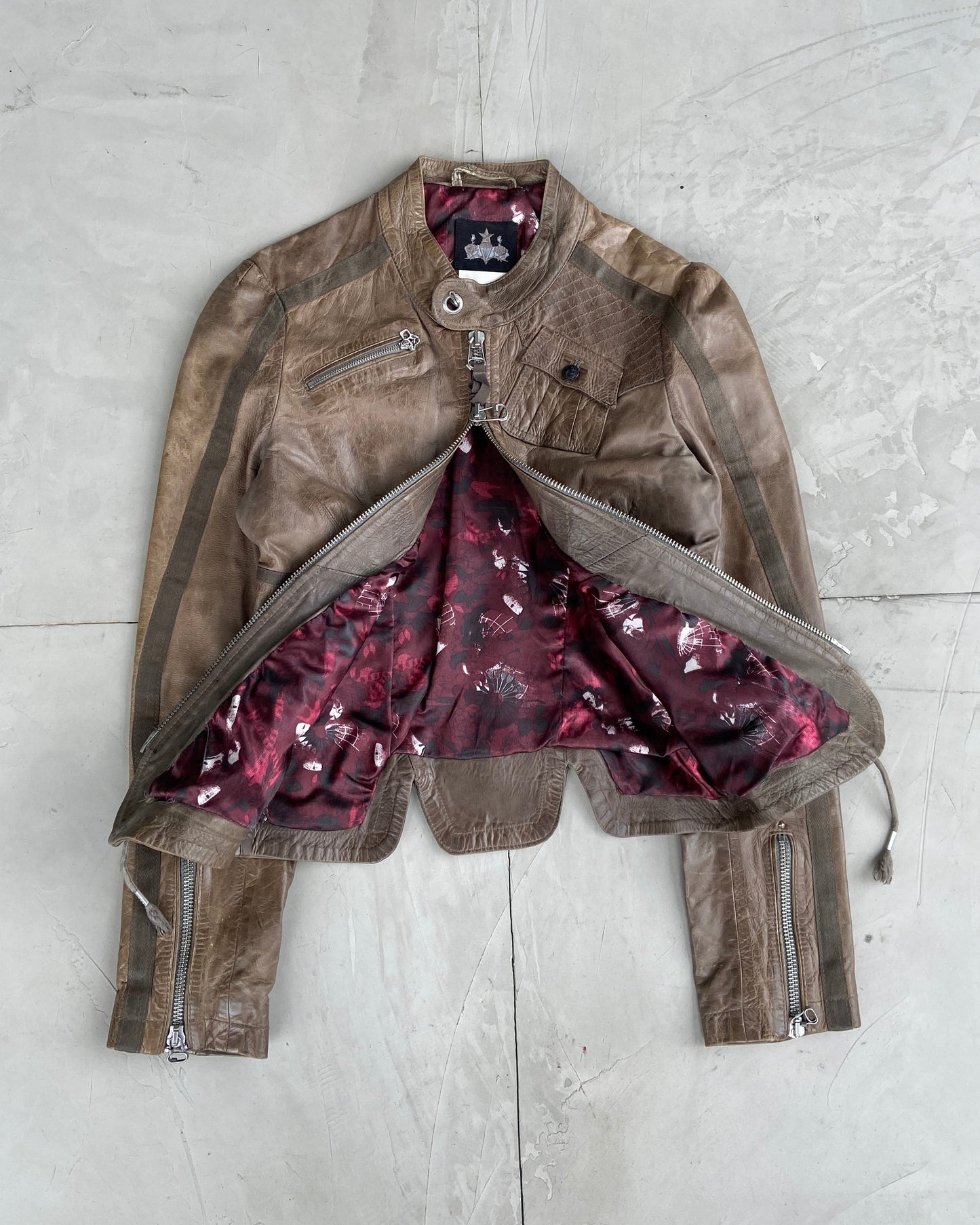 DIESEL CORSET MOTO LEATHER JACKET - L | Large, Brown