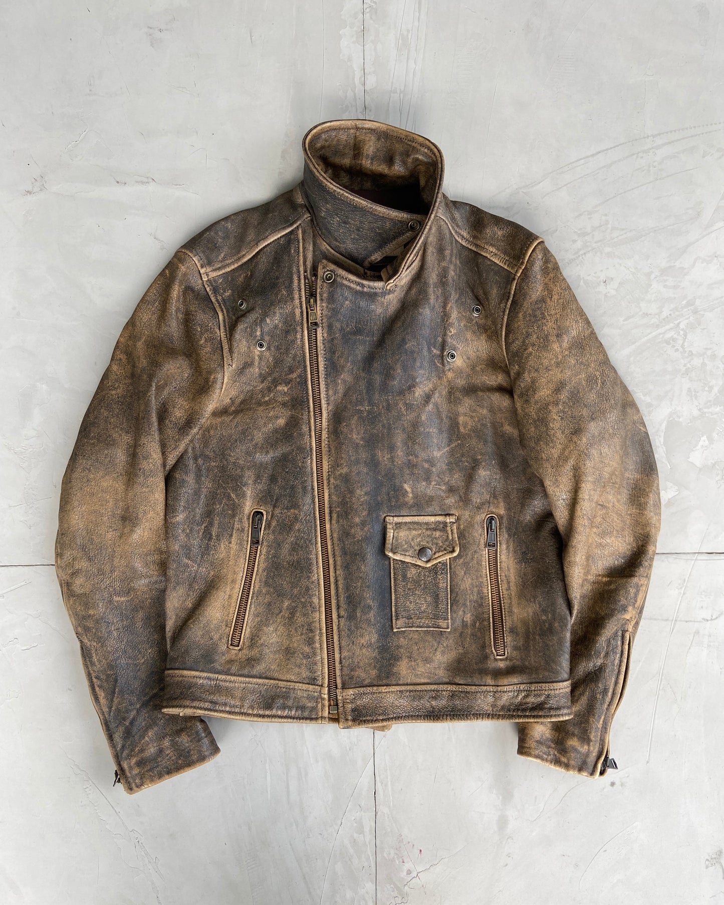 90'S WASHED LEATHER BIKER JACKET - L