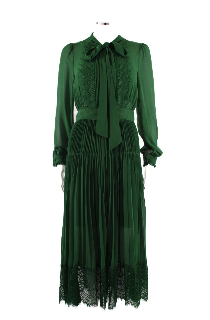 Self Portrait L/S Lace Trim Dress Green 8 | Default Title, Green