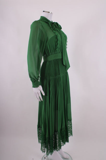 Self Portrait L/S Lace Trim Dress Green 8 | Default Title, Green