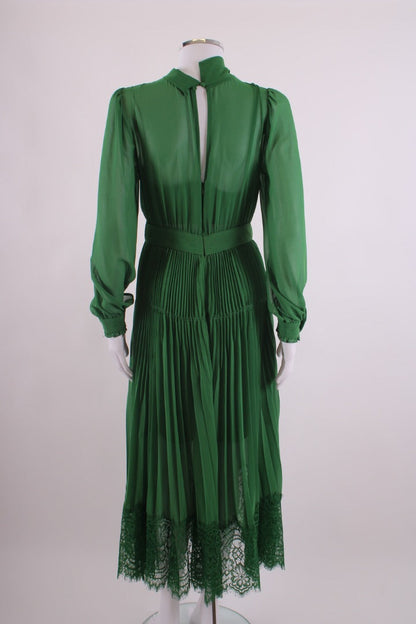 Self Portrait L/S Lace Trim Dress Green 8 | Default Title, Green