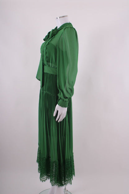 Self Portrait L/S Lace Trim Dress Green 8 | Default Title, Green