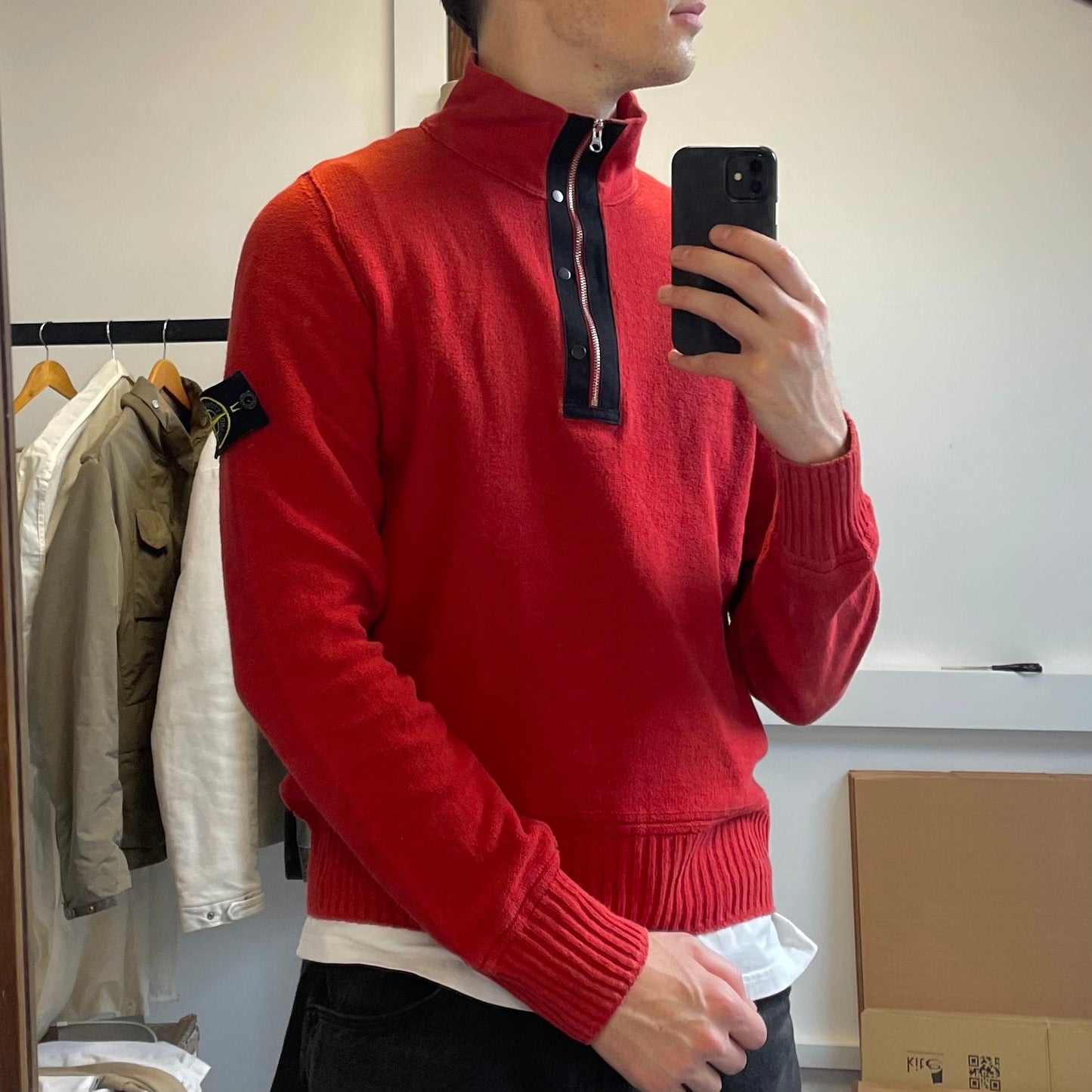 Stone Island Red Lightweight Knit 1/4 Zip Jumper SS10 | Large, Black