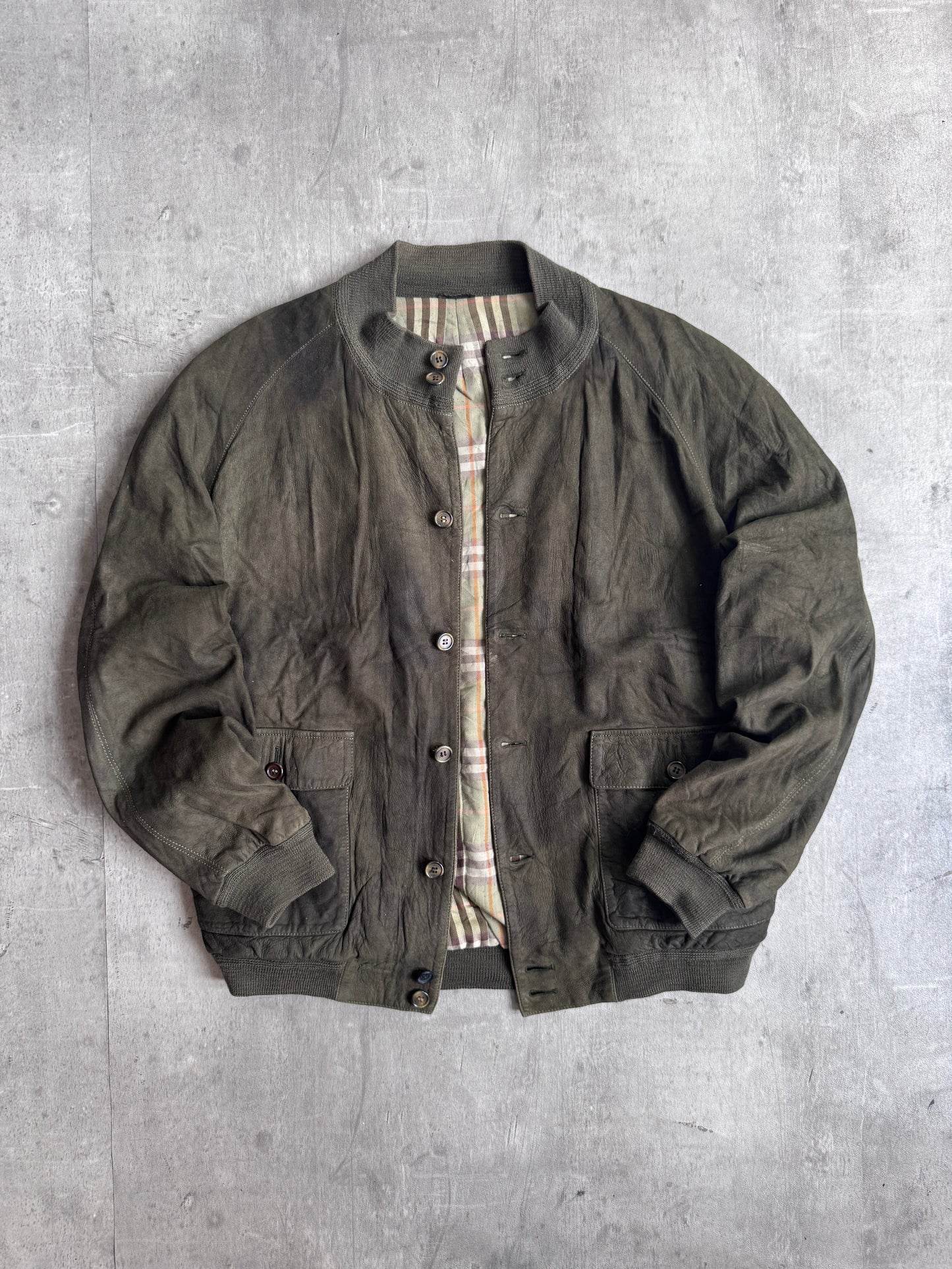 Burberry Khaki Suede Ribbed Wool Trim Bomber Jacket