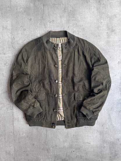 Burberry Khaki Suede Ribbed Wool Trim Bomber Jacket