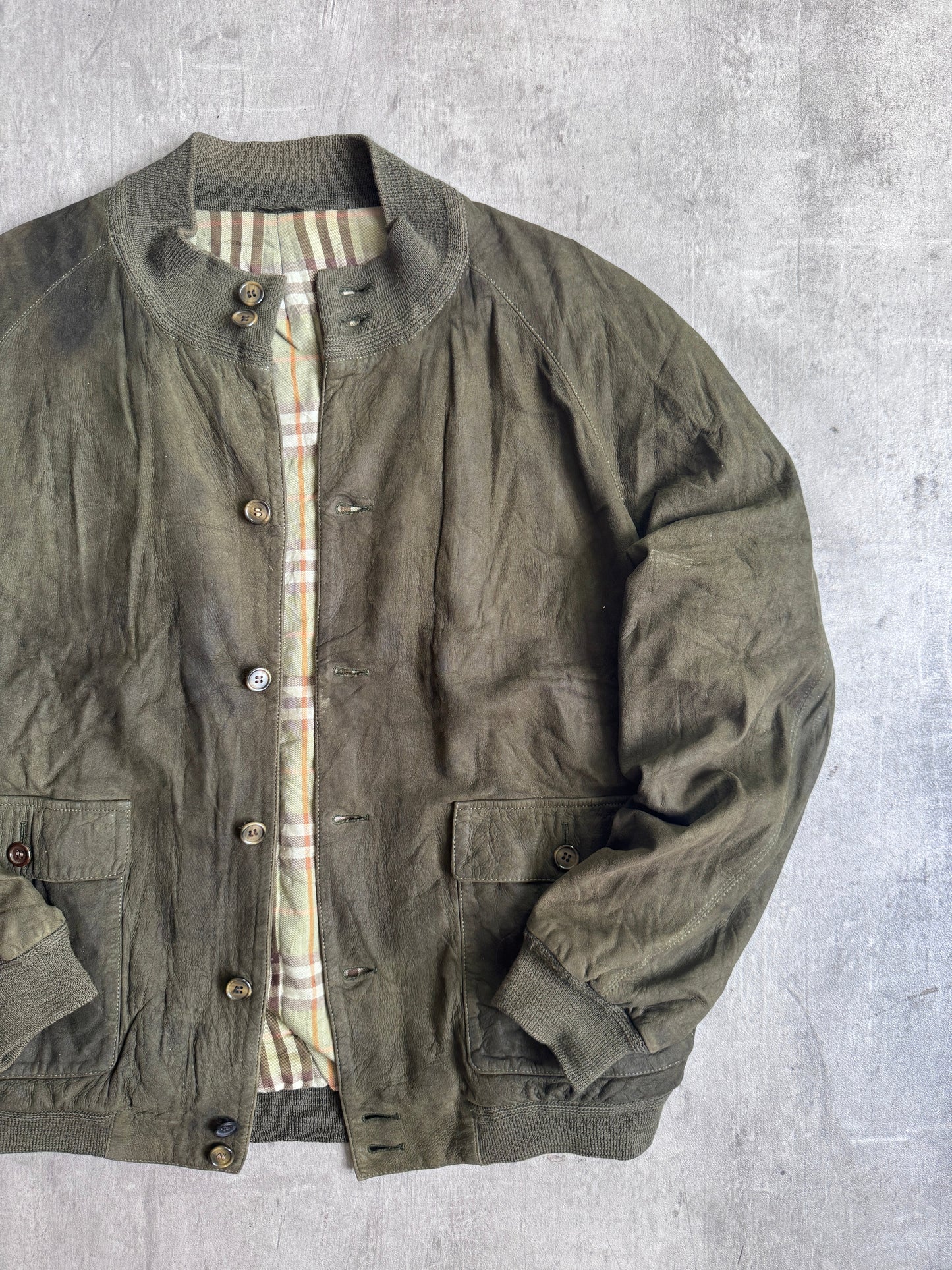 Burberry Khaki Suede Ribbed Wool Trim Bomber Jacket