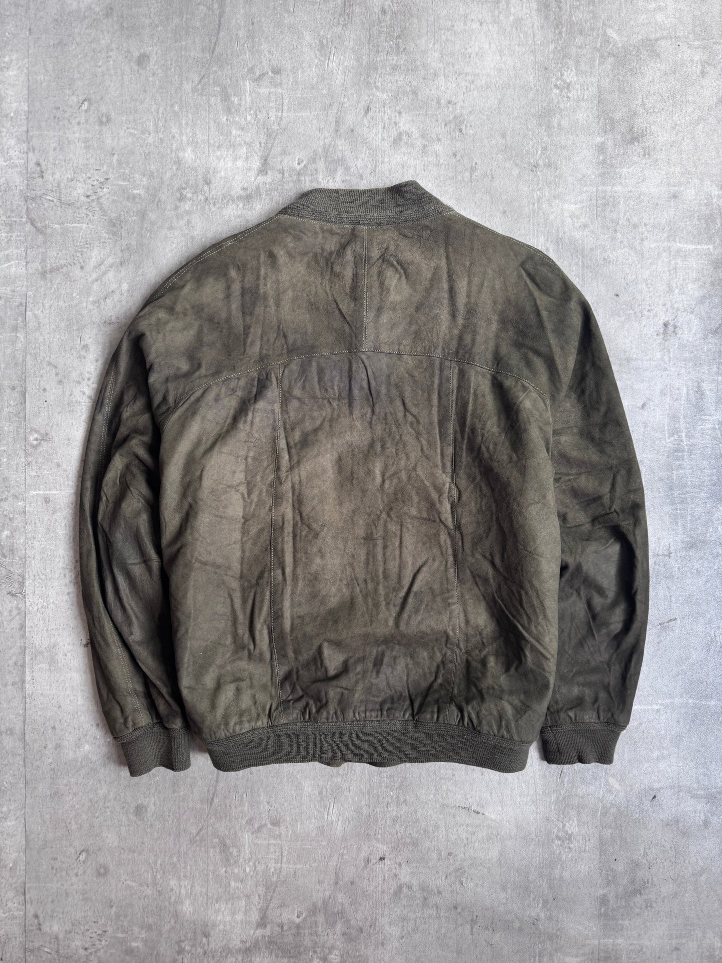 Burberry Khaki Suede Ribbed Wool Trim Bomber Jacket