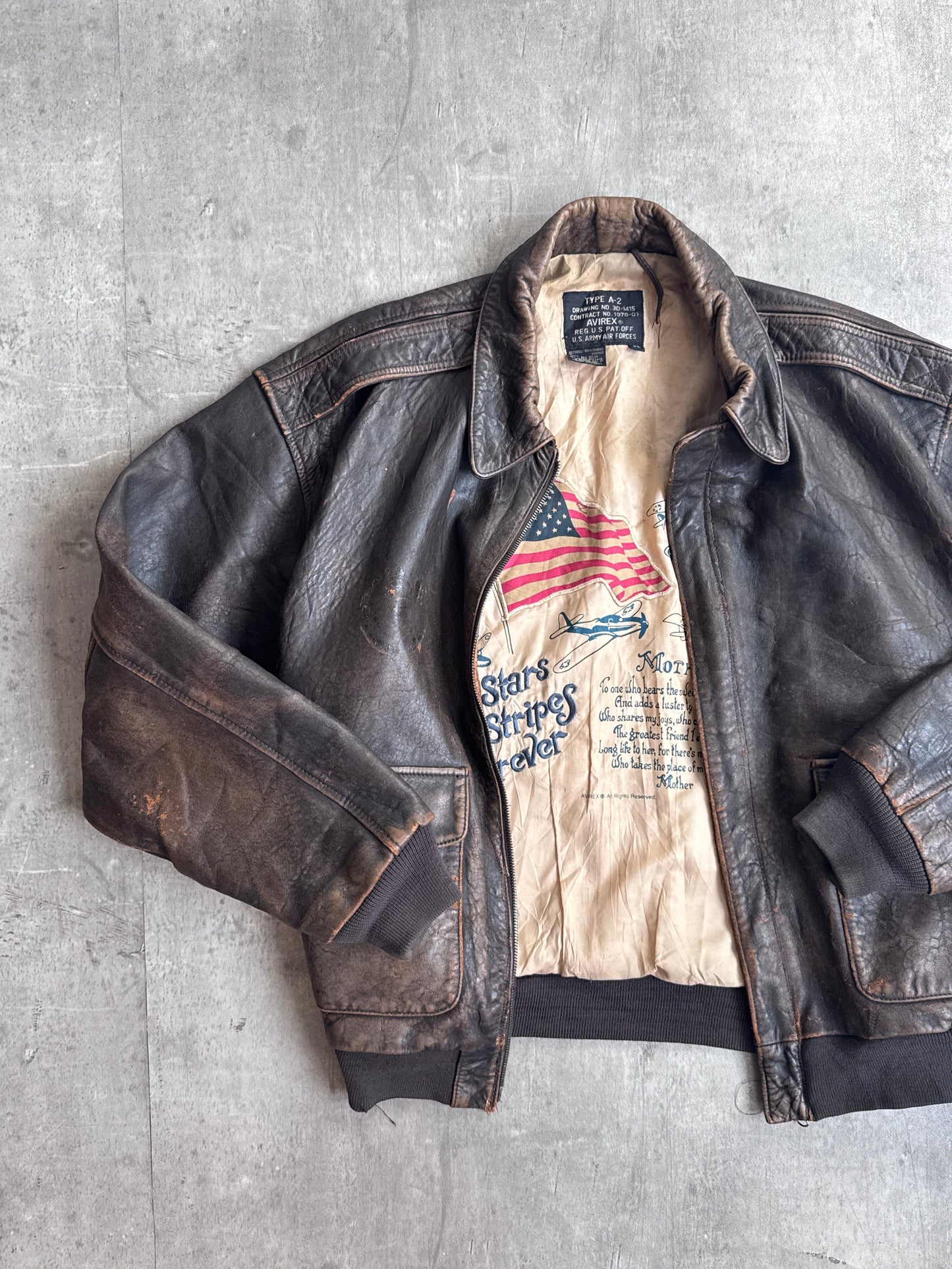 1990's Avirex A-2 Distressed Brown Leather Flyers Bomber Jacket
