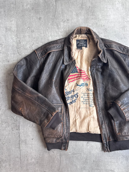 1990's Avirex A-2 Distressed Brown Leather Flyers Bomber Jacket