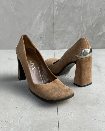 PRADA FW99 METAL HARDWEAR SUEDE BLOCK HEELS - EU 35.5 / UK 3