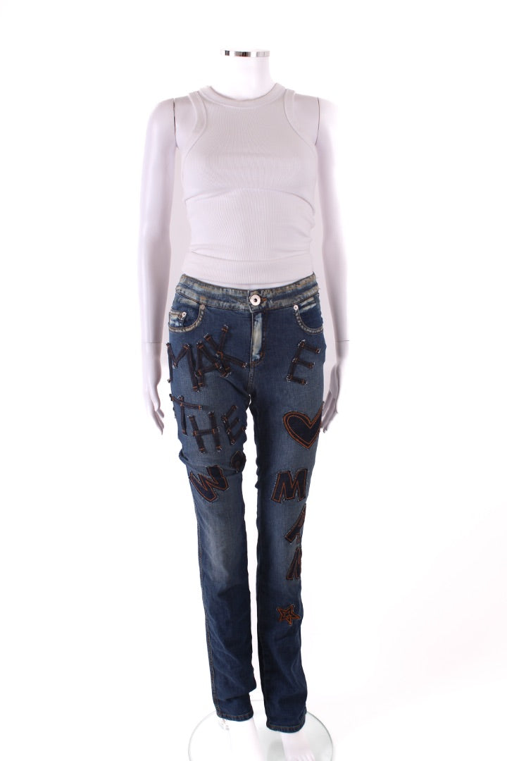 Moschino Jeans Vintage Patch Slogan Jeans Denim 26W | Default Title, Red