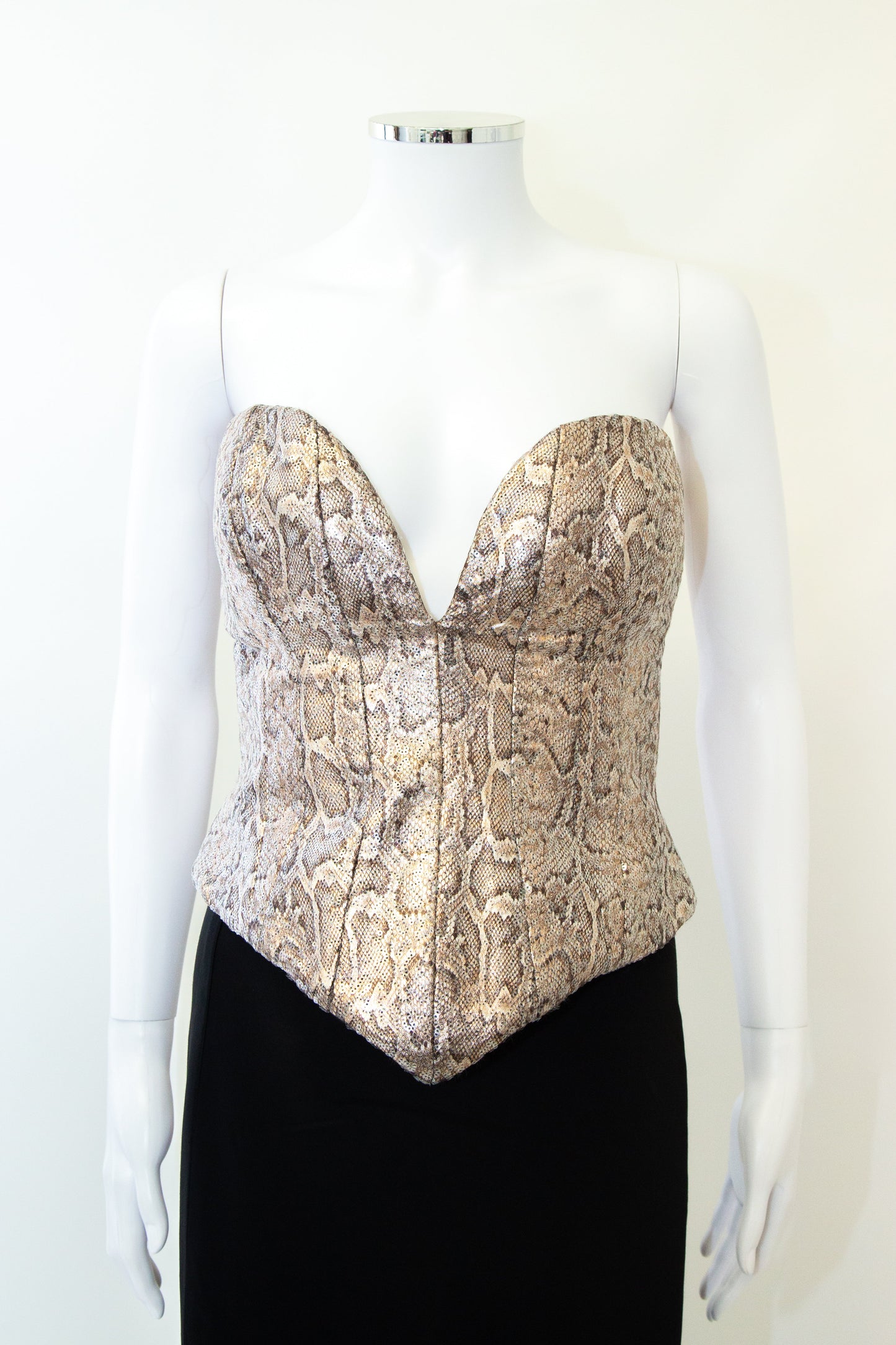 New Arrivals Ilkyaz Ozel Snake Print Sequin Corset Beige 12 | Medium, Beige
