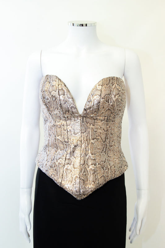 New Arrivals Ilkyaz Ozel Snake Print Sequin Corset Beige 12 | Medium, Beige