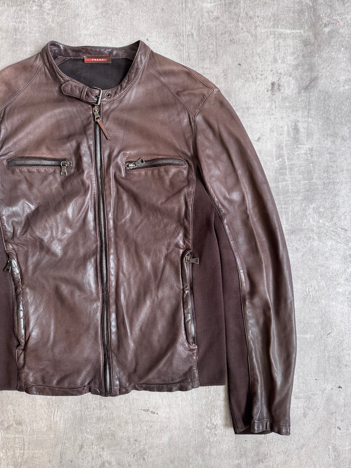 Prada Model SY183 Brown Leather Moto Jacket