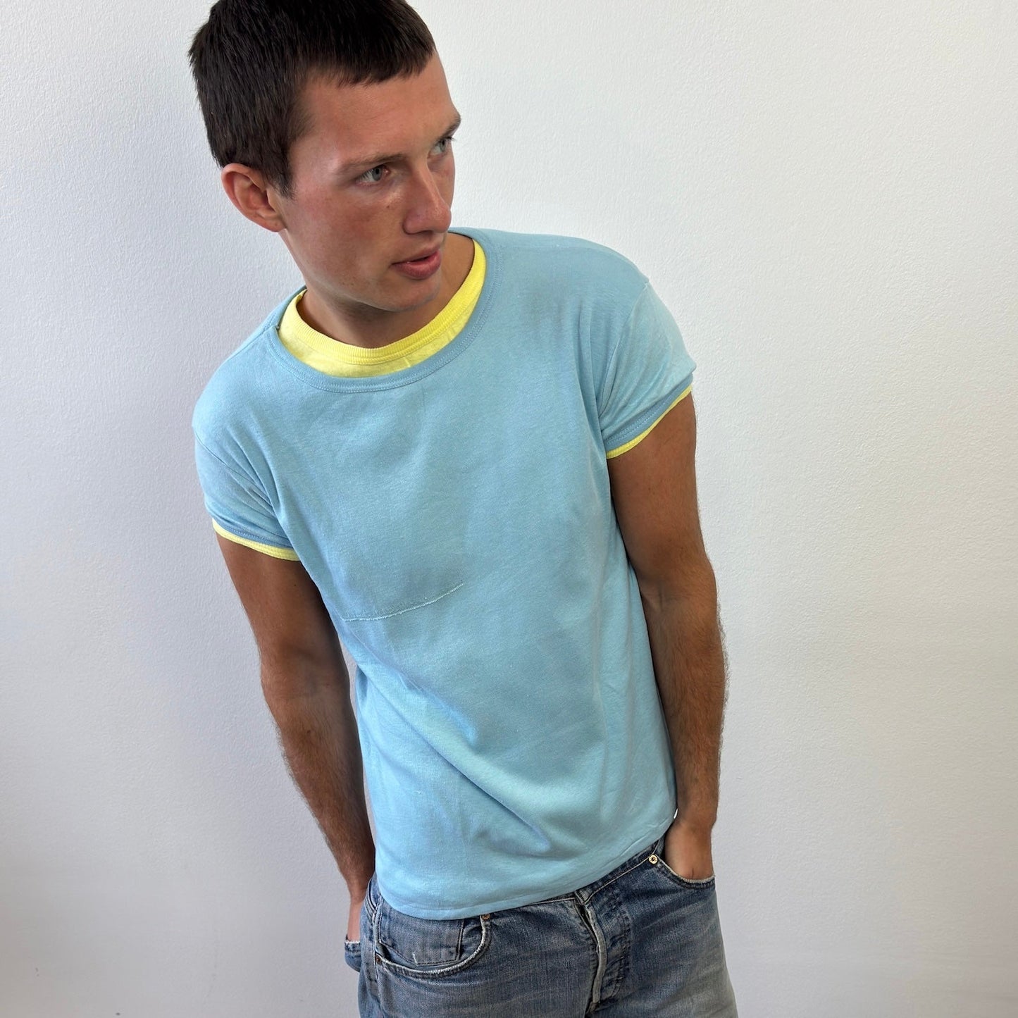 Vintage Blue 60s/70s Fitted T-Shirt | Medium, Blue