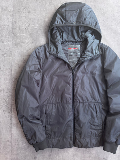 Prada Grey Nylon Insulated Hooded Technical Rain Jacket