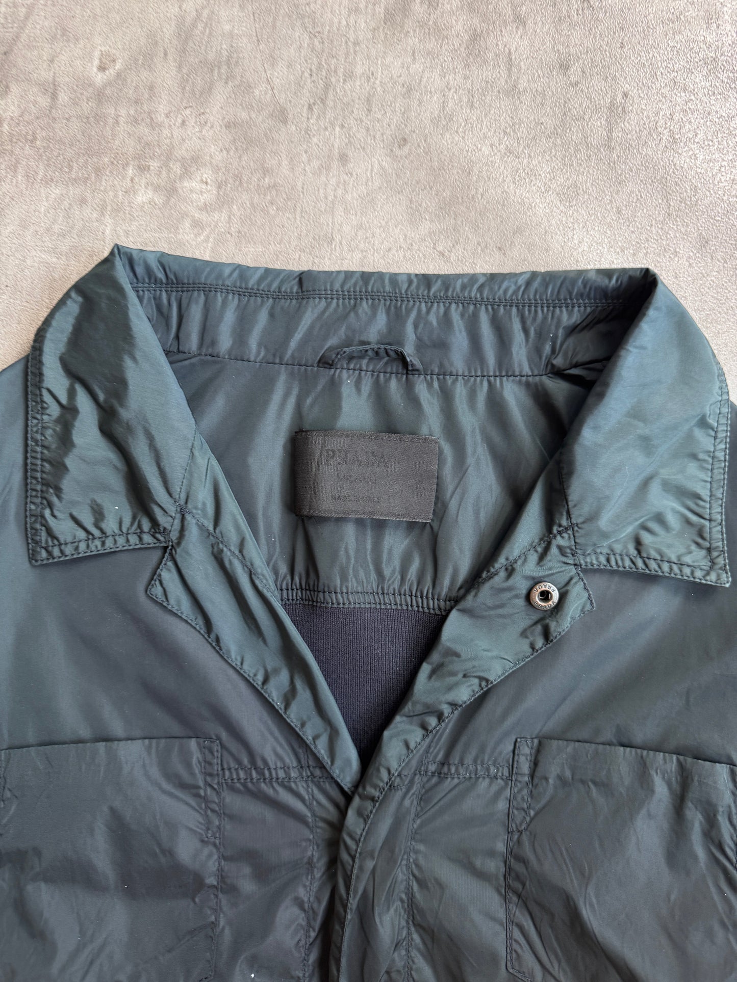Prada Knit Sleeve Khaki Nylon Button Up Jacket