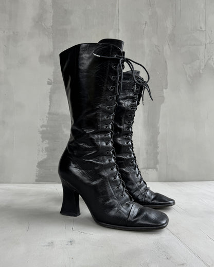 PRADA FW01 LACE UP VICTORIAN LEATHER BOOTS - EU 38.5 | UK 5.5, Black