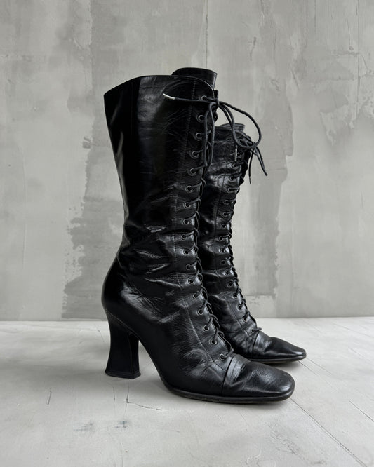 PRADA FW01 LACE UP VICTORIAN LEATHER BOOTS - EU 38.5 | UK 5.5, Black