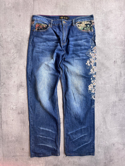Japanese Koi Embroidered Distressed Denim Jeans
