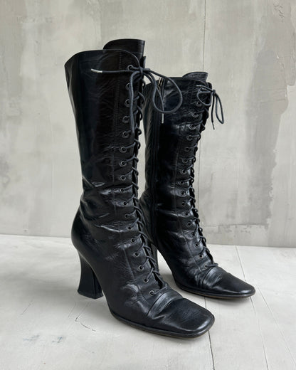 PRADA FW01 LACE UP VICTORIAN LEATHER BOOTS - EU 38.5 | UK 5.5, Black