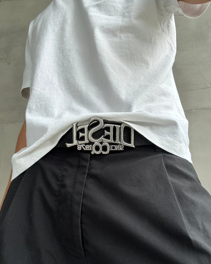 DIESEL CHROME LOGO & BLACK LEATHER BELT