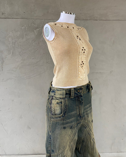 T.U RIBBED STUD EYELET VEST - S | Small, Beige