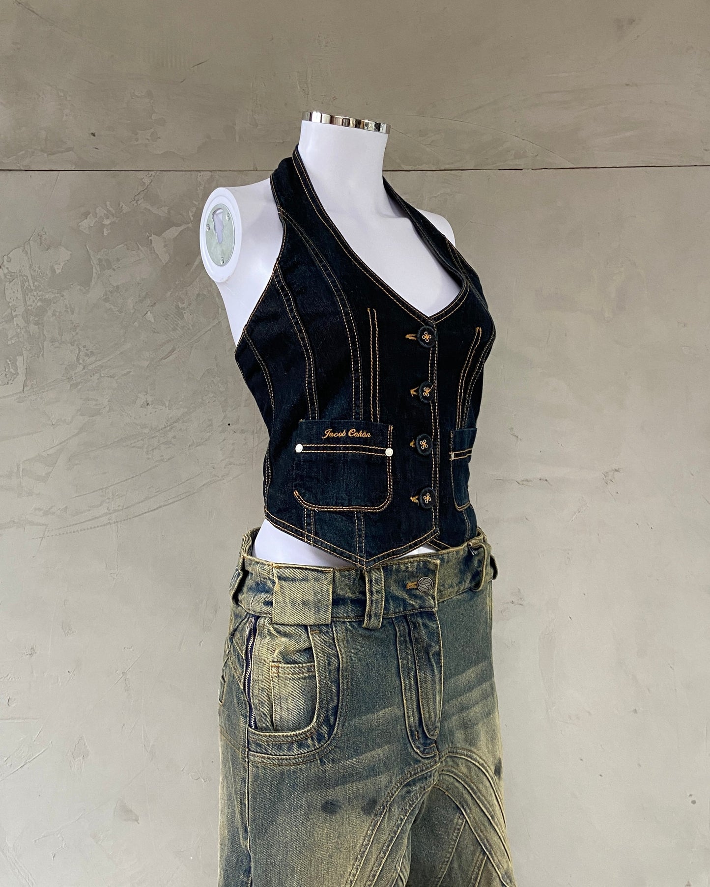 JACOB COHEN DENIM HALTER WAISTCOAT TOP - S | Small, Blue