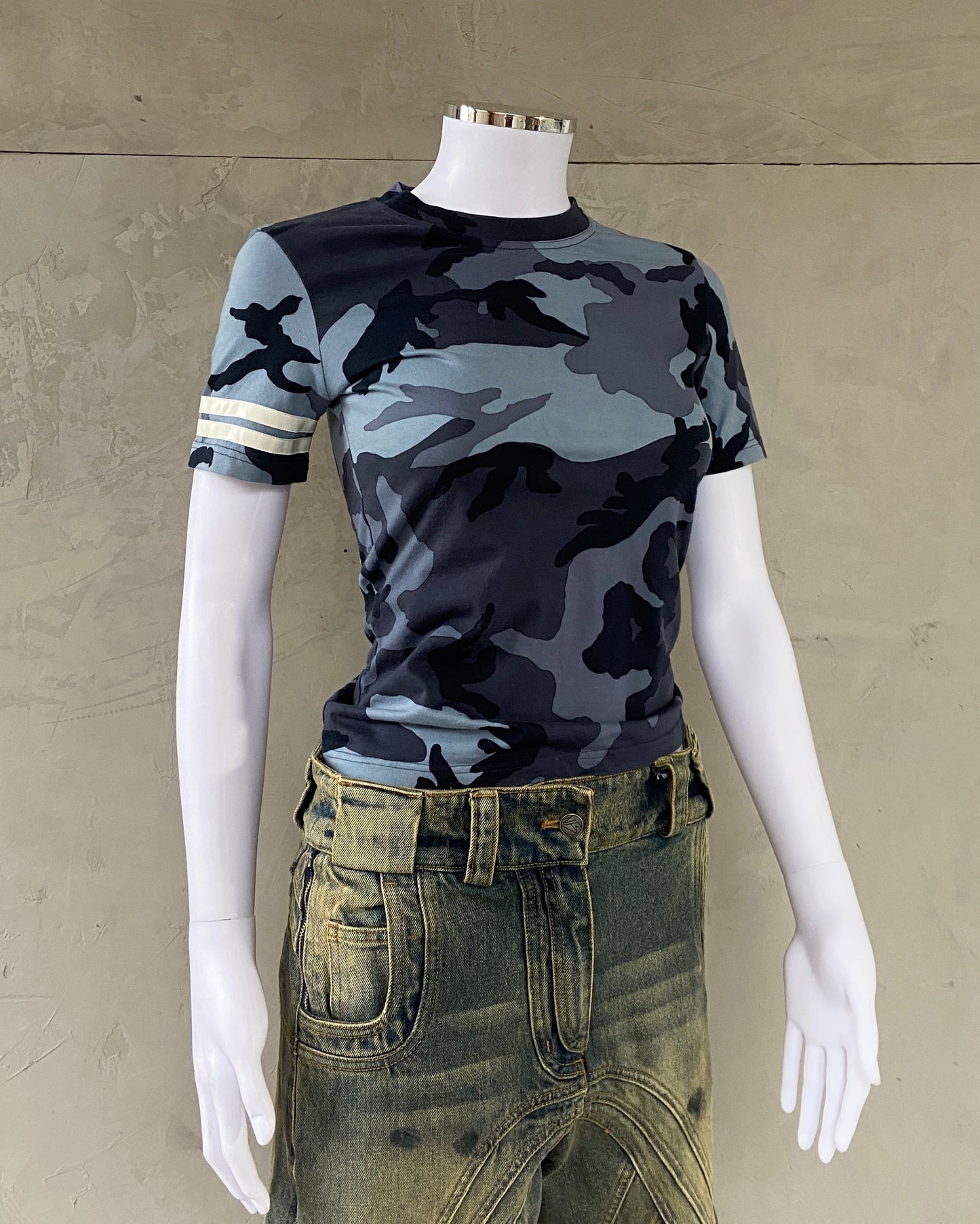 CHRISTIAN DIOR 2000'S BLUE CAMO TOP - S/M