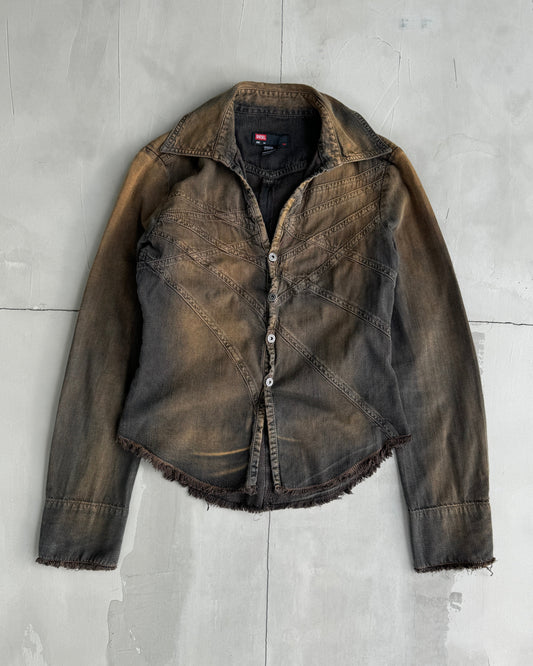 DIESEL BROWN DENIM DISTRESSED SHIRT JACKET - XS