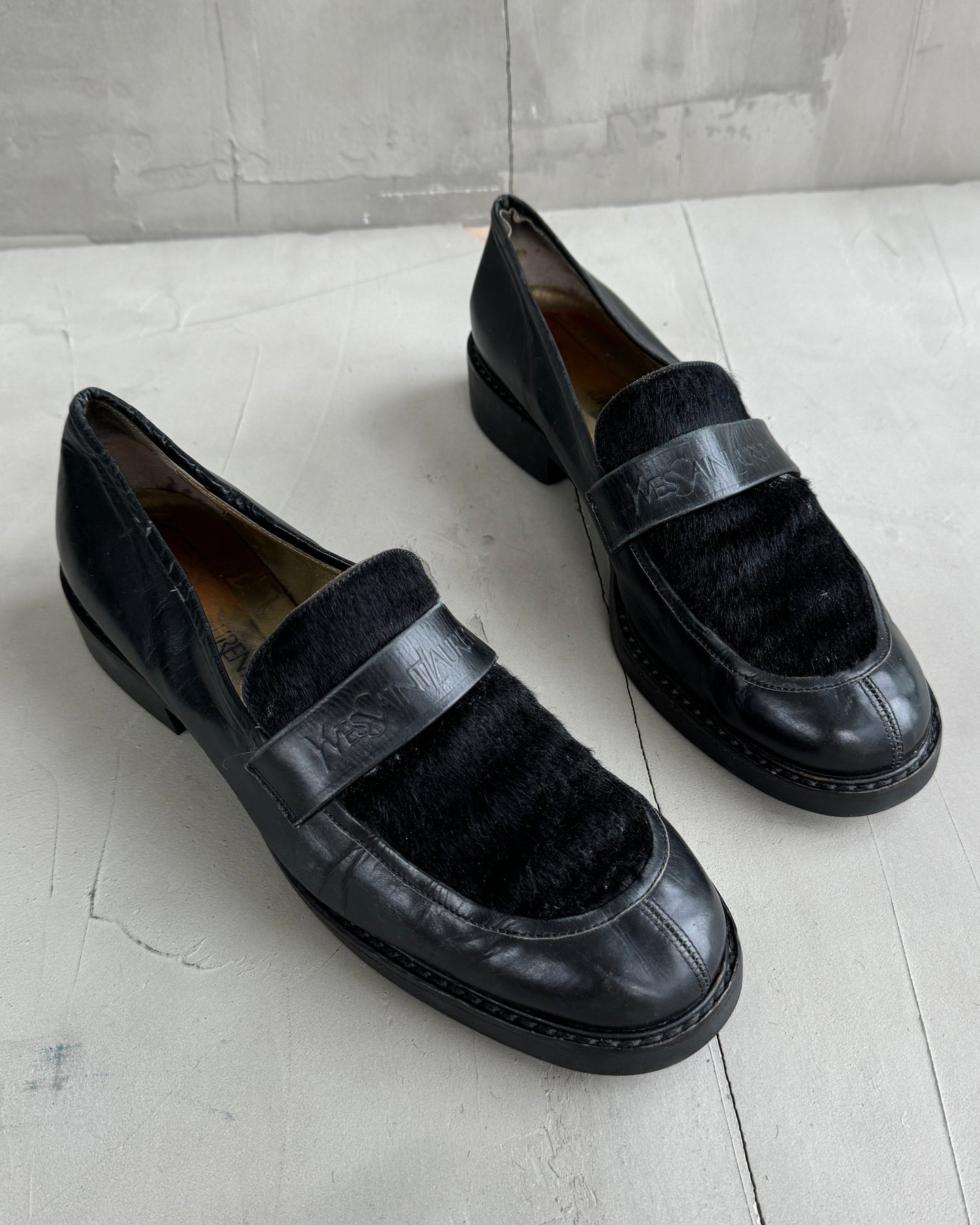 YVES SAINT LAURENT 90'S PONYHAIR LEATHER LOAFERS - UK 7