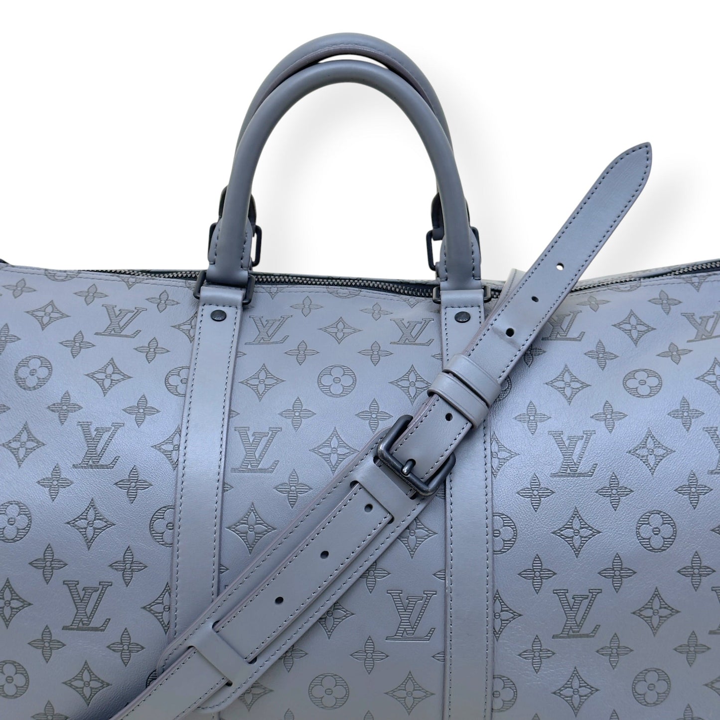 LOUIS VUITTON KEEPALL BANDOULIÈRE SHADOW MONOGRAM DUFFLE BAG ANTHRACITE GREY 50 | O/S, Grey