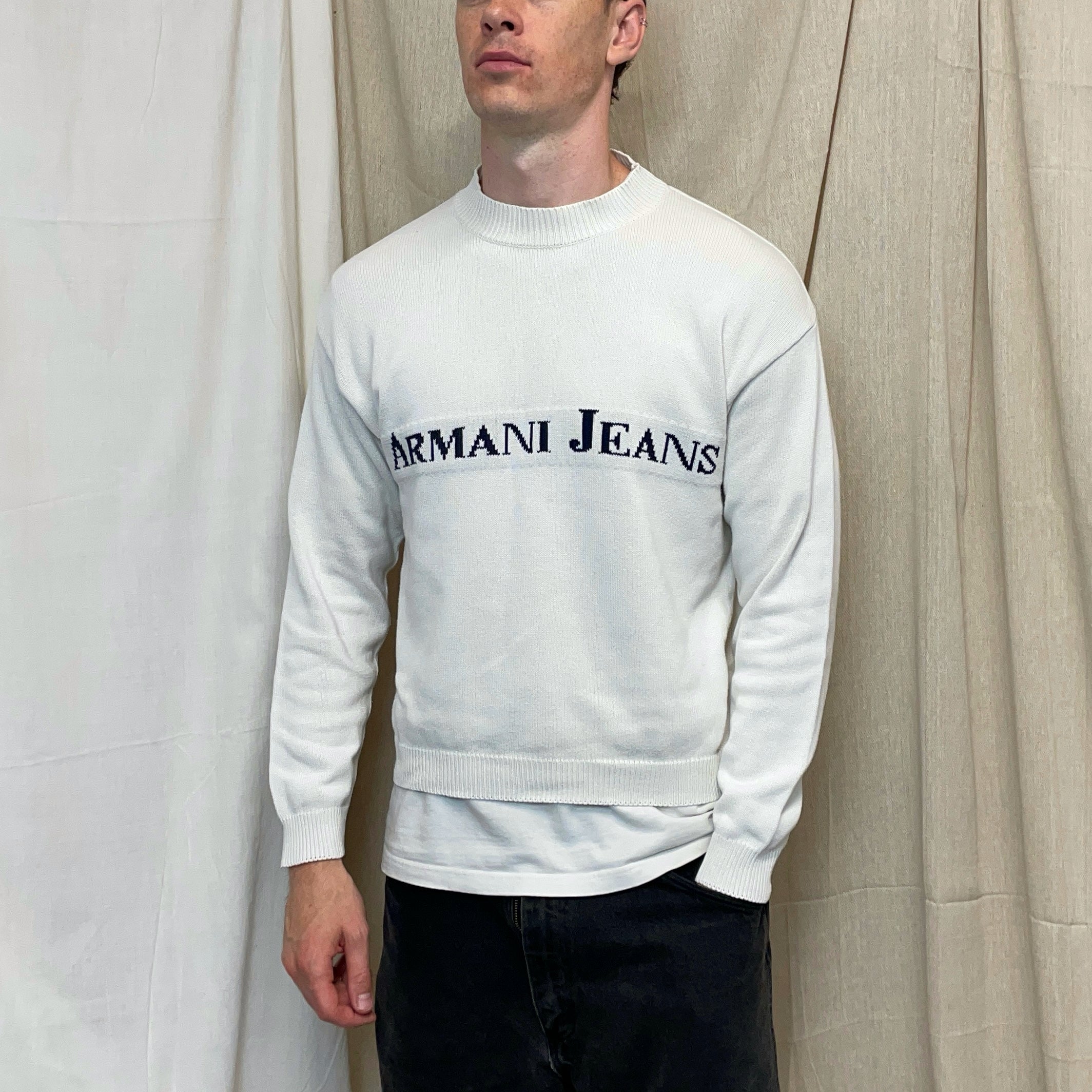 Armani Jeans White 90s Spellout Knit Jumper – Known Source