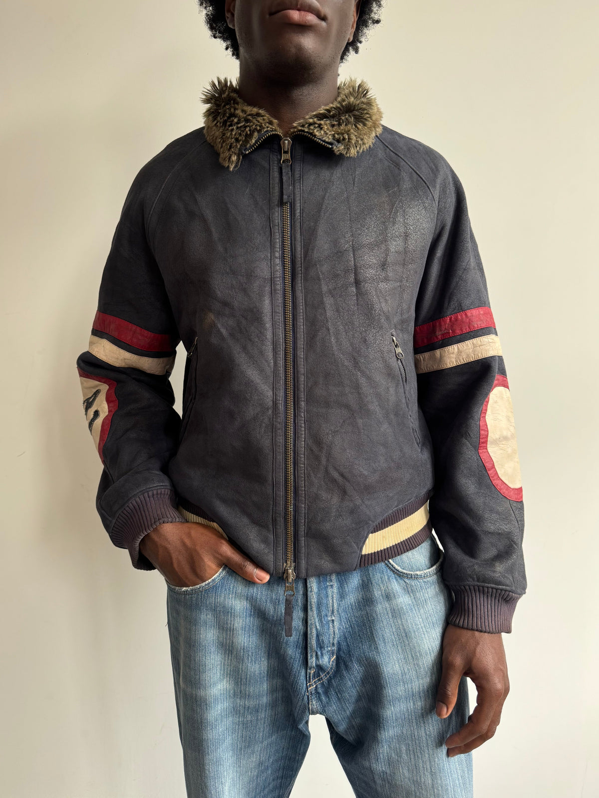 A/W 2004 Armani Jeans Suede Flight Jacket (sold as seen) | Medium, Navy