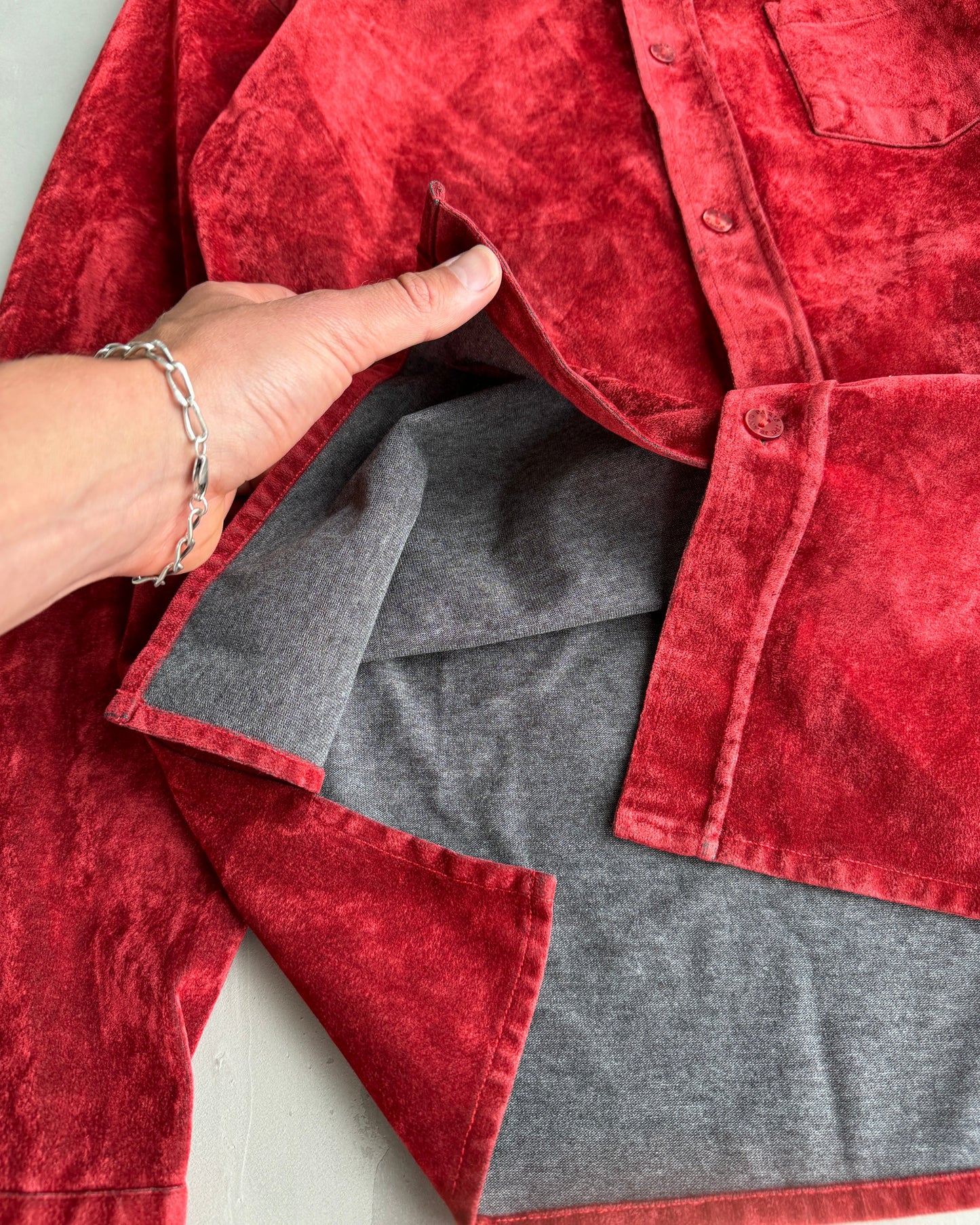 JEAN PAUL GAULTIER JPG 'JEANS' 1997 CRUSHED VELVET SHIRT - L | Medium, Red