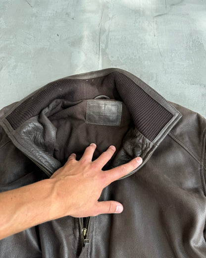 90's Brown High Collar Leather Jacket - L