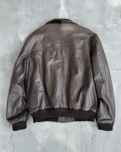90's Brown High Collar Leather Jacket - L
