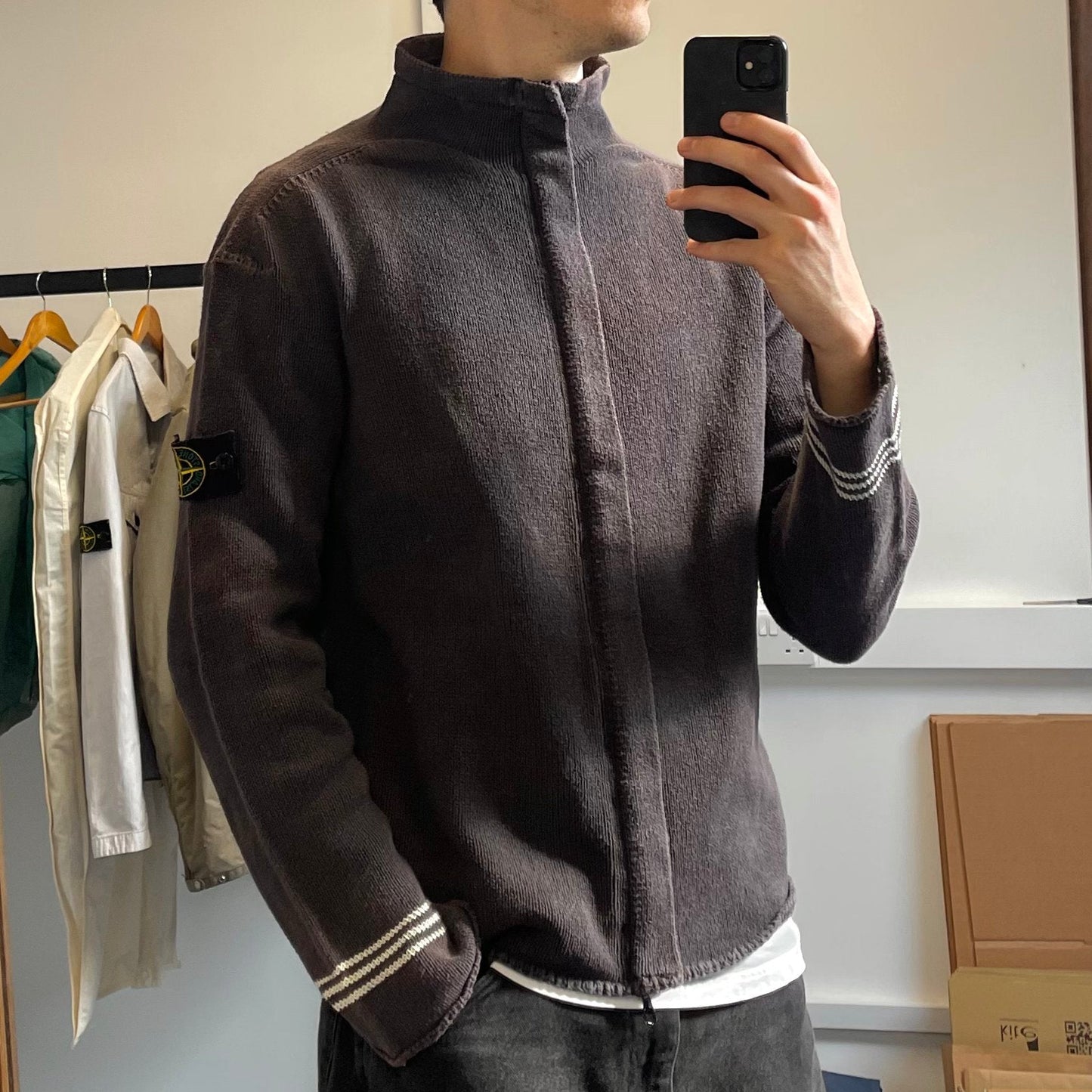 Stone Island Dark Grey Vintage Zip-Through Knit Jumper | X-Large, Grey